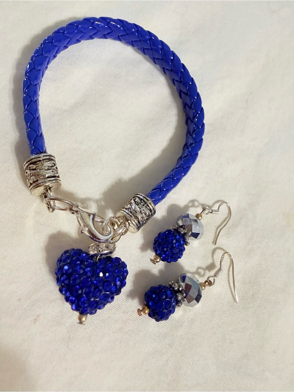 Homemade Blue Crystal Heart Bracelet and .925 Sterling Silver Earrings Set